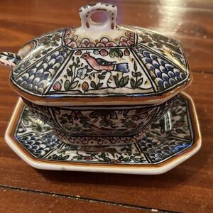Hand painted Portuguese Ceramic Sugar/ Sauce Tureen with Lid, Saucer and spoon